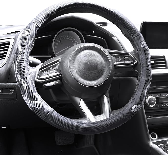 Elantrip Leather Steering Wheel Cover Great Grip with 3D Honeycomb Anti-Slip Design, Universal 15.5-16 inch Car Wheel Protector Black and Gray