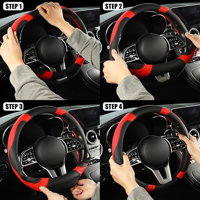 Binsheo Microfiber Leather D Shaped Steering Wheel Cover, Breathable, Anti Slip, 13.5 inch to 14 inch, Black with Red
