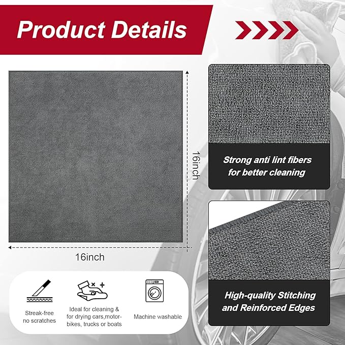 Oudain 16 Pcs Microfiber Cleaning Cloth 16x16 Inch Microfiber Towels for Car Ultra Absorbent Cleaning Rags Reusable Lint Free Streak Free Detailing Towel for Car Washing Drying Dusting (Gray)