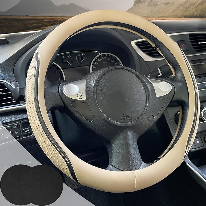 Muamos Car Steering Wheel Cover Beige, 14.5-15 inch Steering Wheel Covers with Coasters Microfiber Leather Carbon Fiber Breathable Anti-Slip Durable Universal Auto Steering Wheel Protective