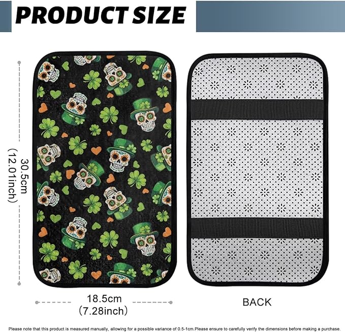 Bulopur St. Patrick's Skull Car Center Console Cover Protector Arm Rest Car Flannel Comfortable Auto Armrest Console Accessories Universal Fit Most Cars Women Men