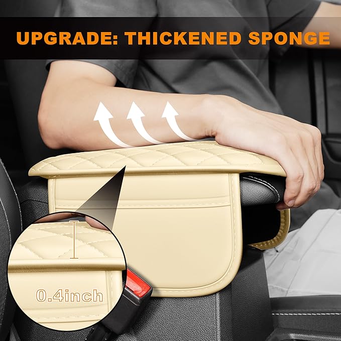 Car Center Console Cover Fit for Mitsubishi Outlander - Upgraded Faux Leather Armrest Cushion with 2 Storage Pockets - Waterproof & Durable Armrest Protector for Car (Beige & Whiteline)