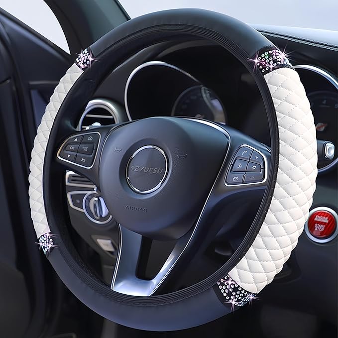 Bling Soft Leather Steering Wheel Cover 15 Inch with Sparkly Diamond Rhinestones for Women and Girls – Elastic Car Accessory for Most Cars (White)