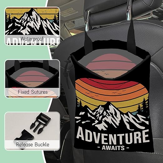 NHNXHWIA Adventure Mountain Car Trash Bag,Hanging Drawstring Car Garbage Bag,Waterproof Canvas Car Back Seat Organizer with Adjustable Buckle,for Vehicles,SUVs,Camping,Road Trips