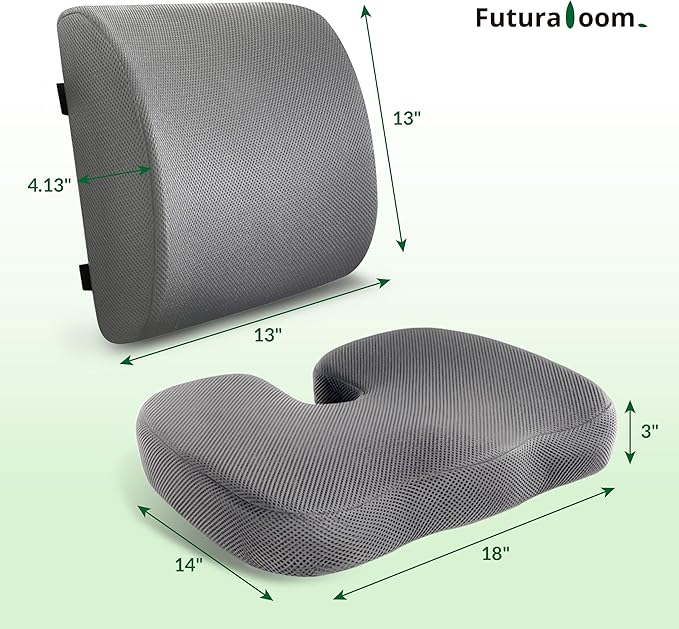 FuturaLoom Seat Cushion & Adjustable Lumbar Support Pillow Set, Charcoal Memory Foam Back & Tailbone Pain Relief, Non-Slip & Washable Cover, for Office Chair, Car Seat, Wheelchair - Grey