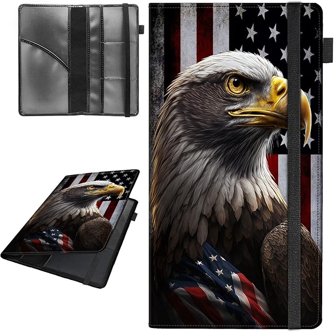 Car Registration and Insurance Holder,Leather Vehicle Glove Box Organizer Wallet for Document,Perfect for any Car,Truck,Motorcycle,Driver License,Trailer or Boat,Men & Women,American Flag Eagles
