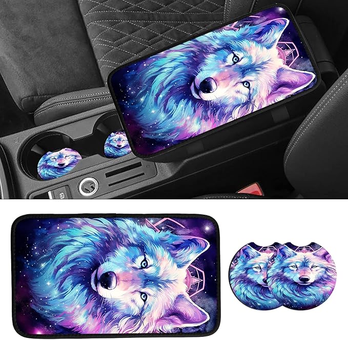 JANENFNA Car Armrest Cover Pads Universal Fashion Cute Auto Center Console Armrest Cover Pad with 2PCS Car Coasters Soft Waterproof Car Armrest Seat Protector for Women,Cosmic Wolf