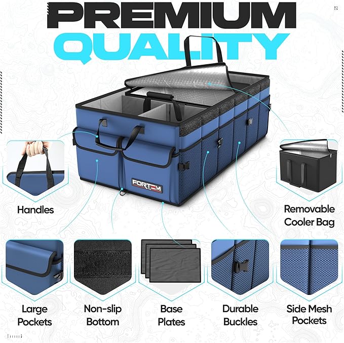 FORTEM Trunk Organizer with Cooler For SUV Car Trunk, Foldable Storage, Car Accessories for Women Men, Collapsible Bag, Perfect Christmas Gifts, 600D Oxford, Non Slip Bottom, Straps, Soft Cover (105L)