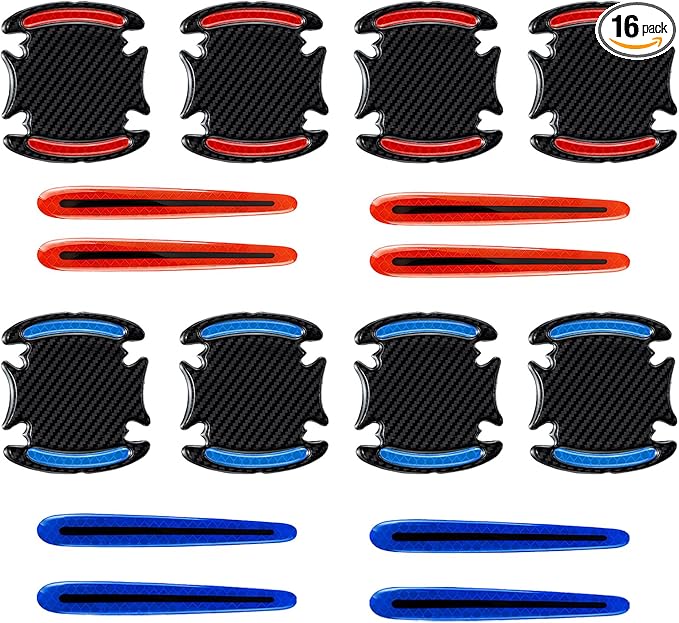 16Pcs 3D Car Door Handle Scratch Protector Sticker,Carbon Fiber Reflective Door Cup Guard,Red&Blue Exterior Car Accessories,Universal Anti-Scratch Guard Stickers Universal for Most Car Handle
