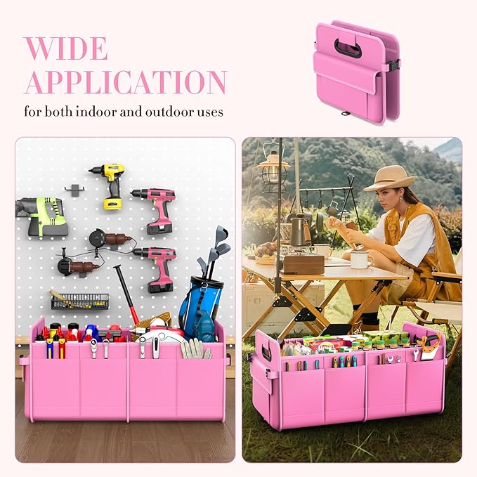 titiyiof Trunk Organizer For Suv & Sedan,Car Organizers and Storage, Waterproof Collapsible & Adjustable Straps,75L Sturdy Car Organization for Car Accessories, Tools,Sundries,2-3 Compartment（Pink）