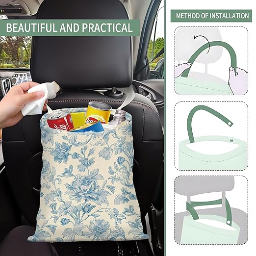 AXZOPDE Cute Car Trash Can, Hanging Canvas Car Back Seat Organizer and Storage Bag, Funny Car Trash Bag For Travelling, Outdoor Watercolor Blue Flower
