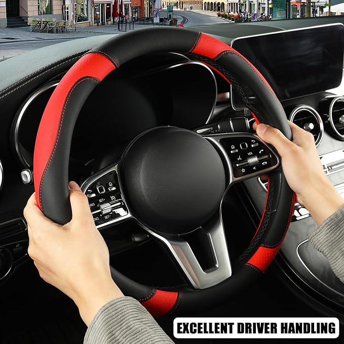 Binsheo Microfiber Leather Steering Wheel Cover Large Size for Ford F150 F250 F350 RAM 4Runner Tacoma Tundra Armada Model S Model X, Breathable, Anti Slip, 15.5 inch to 16 inch, Black with Red