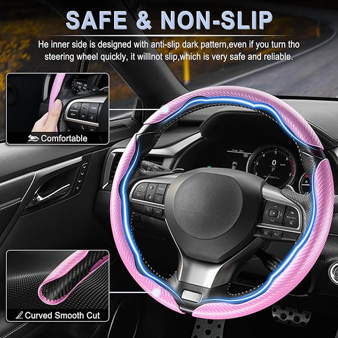 Amiss 3pcs Carbon Fiber Anti-Skid Steering Wheel Cover, Waterproof & Segmented Butterfly Design, Universal 99% Vehicle Wheel Cover Protector, Car Interior Accessories, Pink