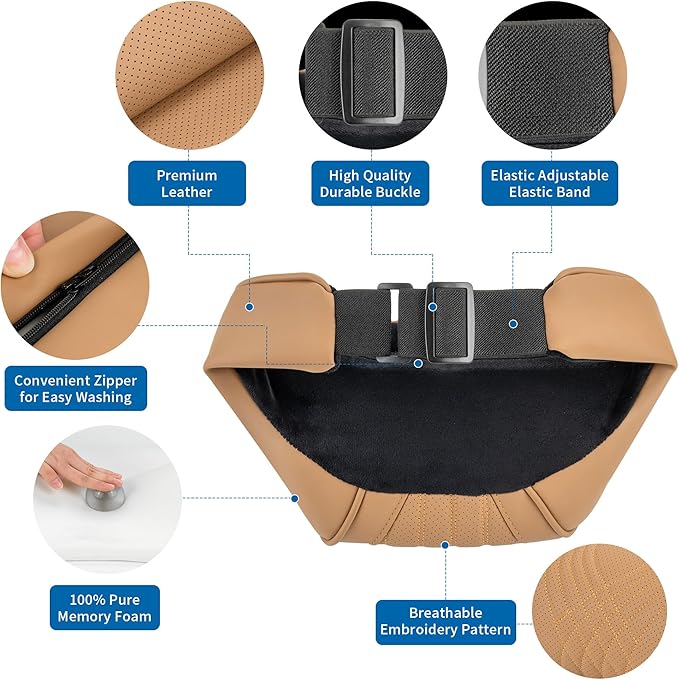 Dapucarin Car Headrest Memory Foam Neck Pillow for Driving with Leather Cover Soft Comfortable Seat Head Pillow Cushion for Most Cars SUV Sedan Home Office Palomino Brown (2PC)