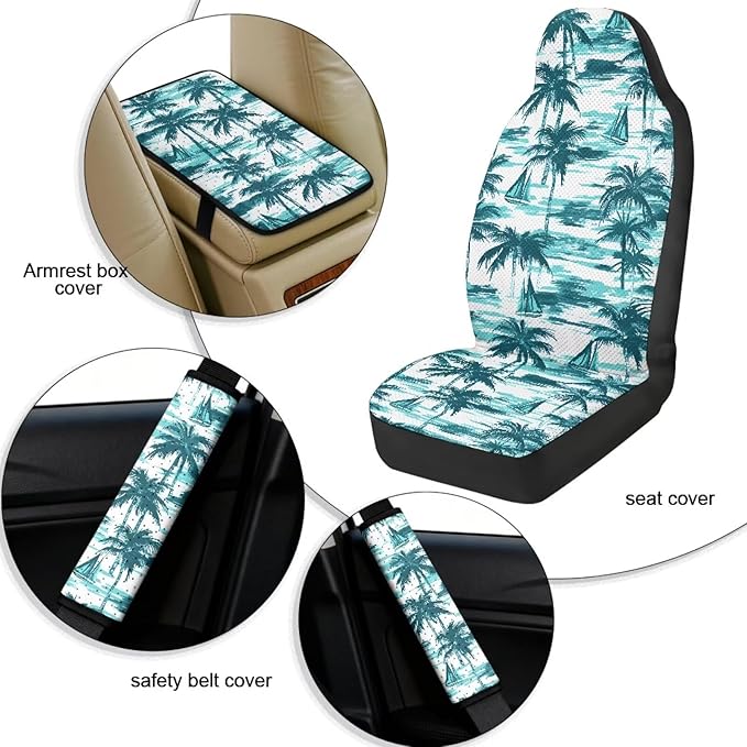 Qeluxign Car Seat Cover Set with Armrest Cover Cushion PU Automotive Car Cover and Seat Belt Shoulder Straps Pad, Universal Fit for Truck Sedan SUV, Pack of 5,Turquoise Palm Tree Sailboat