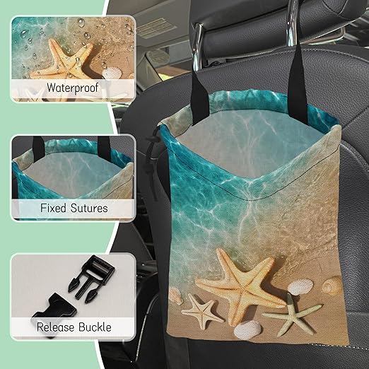 NHNXHWIA Starfish Seashell Car Trash Bag,Hanging Drawstring Car Garbage Bag,Waterproof Canvas Car Back Seat Organizer with Adjustable Buckle,for Vehicles,SUVs,Camping,Road Trips