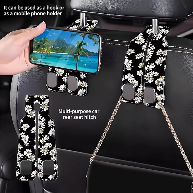 AEWNUNK 1 Pack Car Seat Headrest Hooks for Purses and Bags Watercolor Daisy Floral Bag Purse Holder for Car with Double Metal Hooks Car Purse Hanger Hanging Accessories