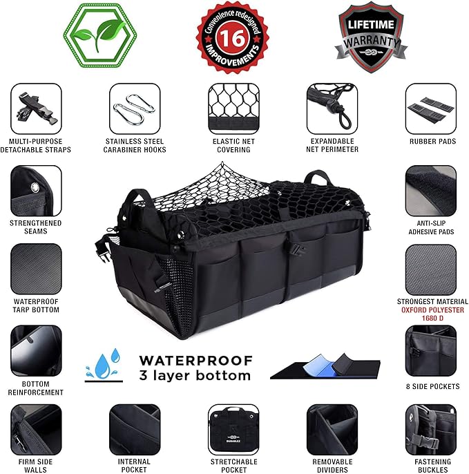 DURABLEZ 2-Section Trunk Organizer Foldable Car Storage Bin – Compact Dual-Compartment Auto Organizer with Cover Net, Non-Slip Pads, Heavy Duty Oxford 1680D – Black