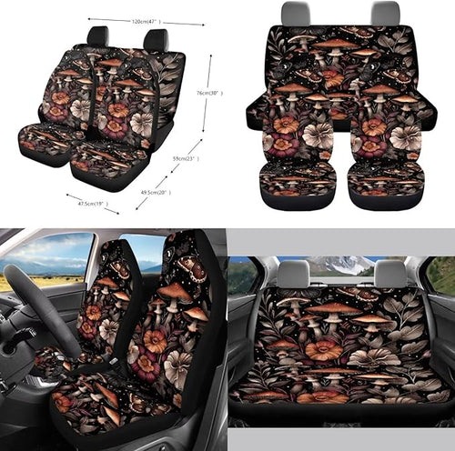 10 PCS Car Interior Accessories Sets for Women, Mushroom Flower Printed Comfortable Breathable Car Front and Back Seat Protector with Steering Wheel Cover Trash Can Coaster, Universal Fits