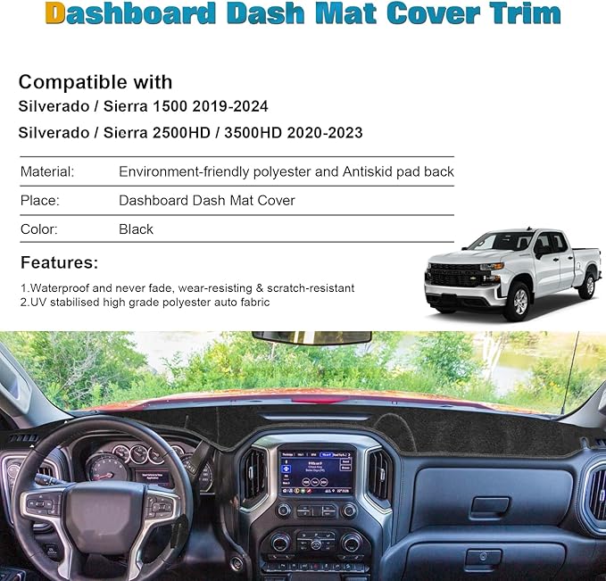 x xotic tech Center Console Dashboard Mat Compatible with Chevrolet Silverado 1500 2500HD 3500HD or GMC Sierra 2019-2024 Pre-Cut Non-Slip Sunshield Sun Glare Protector Dash Carpet Pad Black Cover