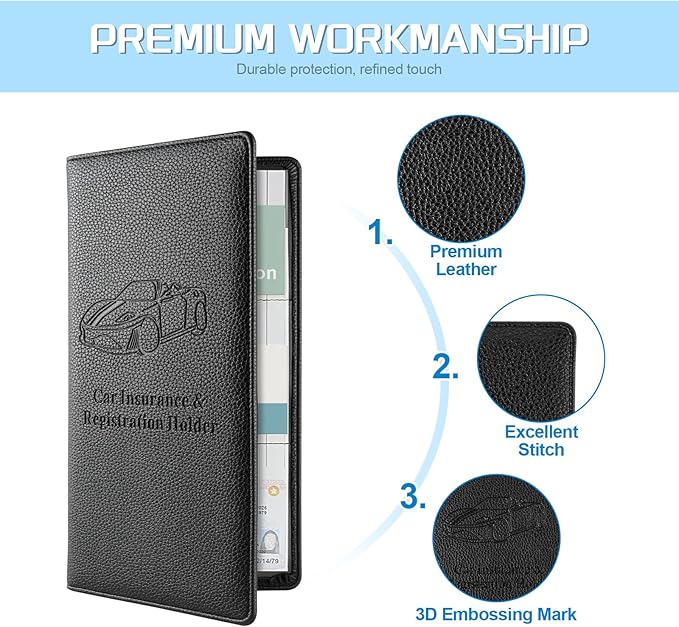 JUSTTOP 1Pack Car Registration and Insurance Holder,Car Document Holder for Cards License with Magnetic Shut,Vehicle Glove Box Car Organizer for Documents, Cards, License(Embossed leather Black)