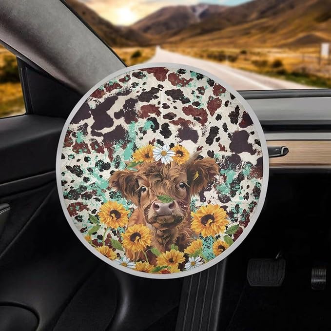 Daisy Sunflower Highland Cow Pattern Steering Wheel Sun Shade Vehicle Steering Wheel Protector Block UV Rays Cooling Steering Wheel Sun Block Fit Most Truck Van Car SUV