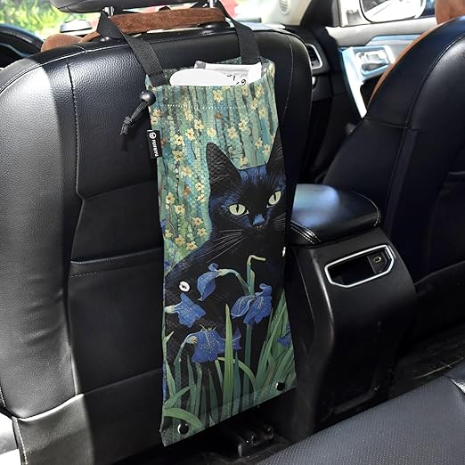 ALAZA Hanging Car Trash Bags Garbage Bag Trash Can for Back Seat Small Black Cat Iris Washable Storage Bag Retractable 2 Pack