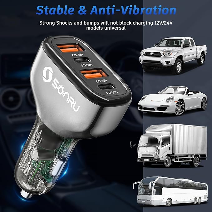 SONRU 4-Port USB C Car Charger, 120W 2*【PD60W+QC30W】 Cigarette Lighter USB Car Charger Adapter, Fast Car Phone Charger for iPhone 17/17 Pro Max/16/15/14 Series, Galaxy S24/23,iPad, Galaxy, Tablet