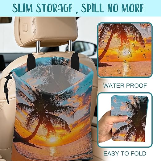 KXWQTRDD Car Garbage Bag Palm Tree Sunset at a Beach Hanging Canvas Car Trash Bag Drawstring Car Back Seat Organizer for Car Back Front Seat Console with Adjustable Buckle
