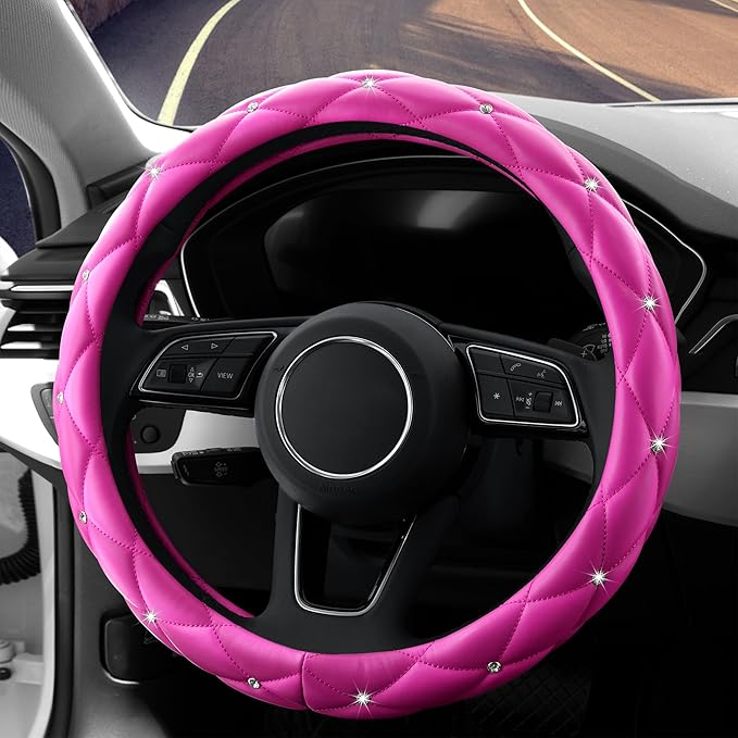 YOGURTCK Cute Diamond Soft Leather Anti-Slip Steering Wheel Cover with Bling Bling Crystal Rhinestones, Universal 15 Inch for Women Girls, Fit Vehicles, Sedans, SUVs, Vans, Trucks - Hot Pink