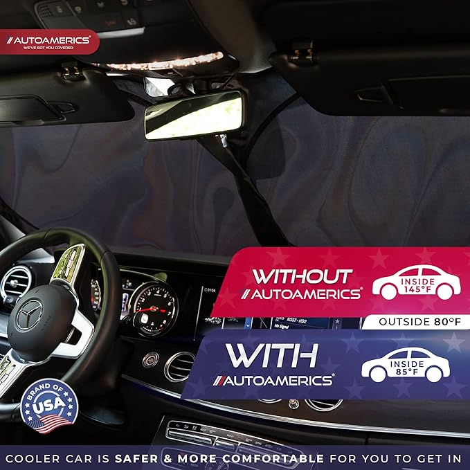 Autoamerics 1-Piece Windshield Sun Shade - Chrome Liquid Foldable Car Front Window Sunshade for Cars SUV Truck - Heat Blocker Visor Protector Blocks Max UV Rays and Keeps Your Vehicle Cool - Small