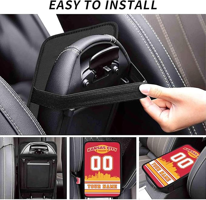 Custom Football Car Armrest Covers Personalized Football Style with Name Number Customized Auto Center Console Pad Car Handrail Box Cushion for Most Vehicle Decor Accessories, Red