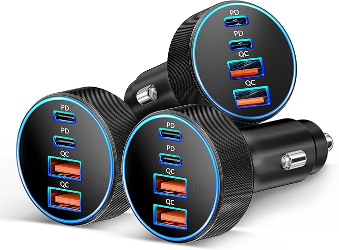Car Charger USB C, 3 Pack 4-Port 90W Fast Charging Car Phone Charger Accessories Dual USB-C & USB-A Cargador Carro Cigarette Lighter Adapter for iPhone 17 16 15 14 13 12, iPad, Galaxy, Tablet, Android