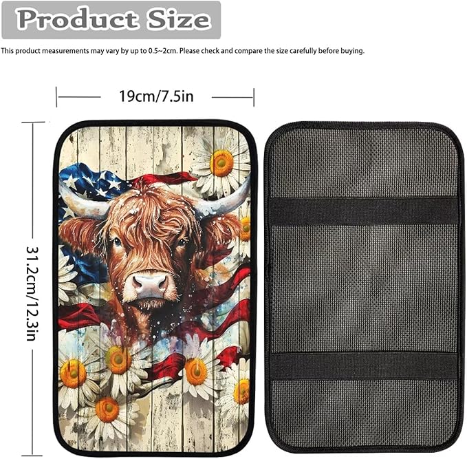 Suobstales Highland Cattle Daisy Print Car Armrest Pad Wood American Flag Design Soft Center Console Arm Rest Protector Cover Universal Car Interior Accessories Decoration