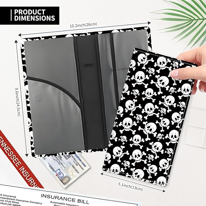 ADUQLZUX Leather Car Registration and Insurance Card Holder, Cute Car Accessories Vehicle Glove Box Car Organizer for Documents, Cards, License Black White Skulls