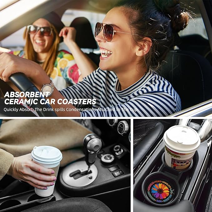 HUWAAI Kindness Peace Love Hope Car Cup Holder Coasters 2 Pack Universal 2.63 Inch Anti Slip Ceramic Absorbent Coaster with Cork Base and Finger Notch Cute Car Accessories Interior for Women