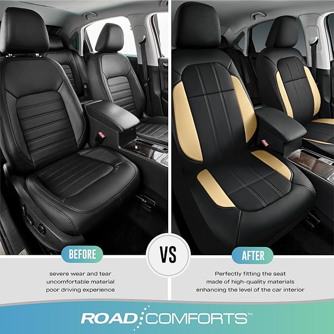 Road Comforts Car Seat Covers, Breathable Leather Seat Covers, Car Seat Covers Front Seats Airbag Compatible, Automotive Seat Covers for Most Cars, Vans, Trucks, SUV - Beige