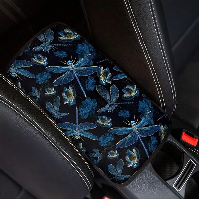 Dragonfly Flower Print Auto Armrest Box Cover Universal Decorative Car Center Console Armrest Cushion Cover for Sedan SUV Truck