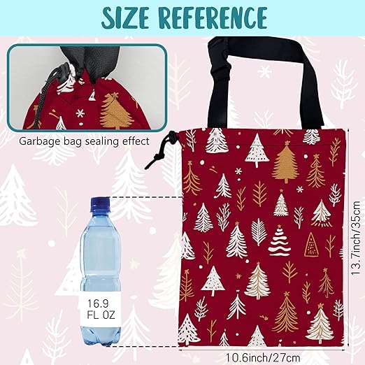 KXWQTRDD Car Garbage Bag White and Gold Xmas Trees Hanging Canvas Car Trash Bag Drawstring Car Back Seat Organizer for Car Back Front Seat Console with Adjustable Buckle