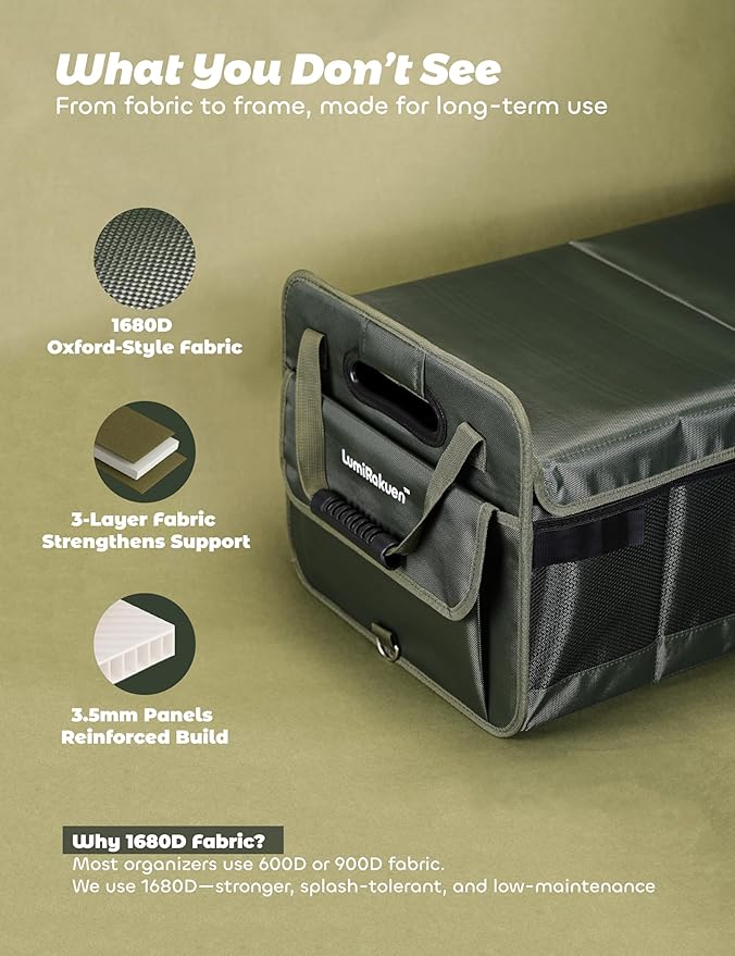 LumiRakuen Collapsible Trunk Organizer For Car with Detachable Lid, Heavy-Duty 1680D fabric, 3.5mm PP Panels, Multi-Compartment, No Sliding Bottom, 2 Adjustable Straps for SUV, Tesla, Truck(XL,Green)