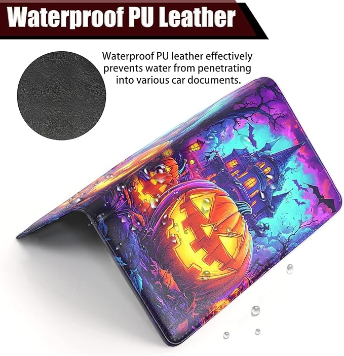 Car Registration Holder, PU Leather Vehicle Glove Box Organizer for Driver License, Document, Car Insurance Holder with Magnetic Shut, Auto Paperwork Wallet Accessories, Halloween Pumpkin Castle