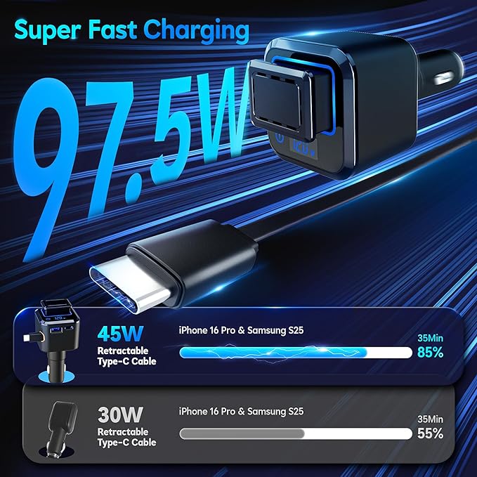 Retractable Car Charger, 6 in 1 Magnetic Car Solid Aroma Diffuser with 97.5W USB C Fast Charging Car Phone Chargers Adapter, Voltage Display for iPhone 17 16 15 14 & Android—Shop Offers Scent Refills