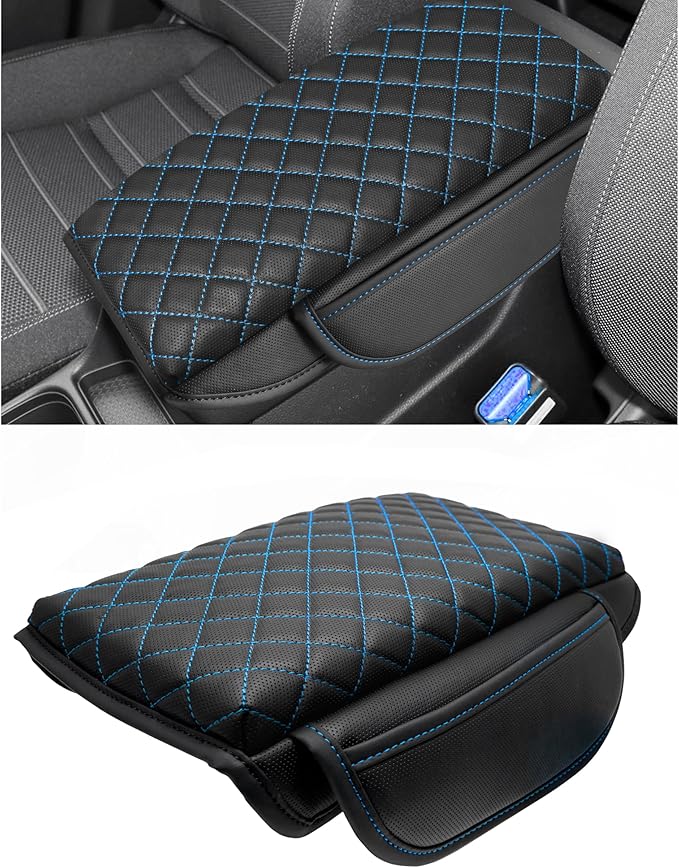SENSHINE 1.2in Thickness Center Console Cover for Honda CRV Accessories 2023 2024 2025 2026 Middle Console Cover Leather Armrest Box Lid Protector Cushion Pad with Pockets Interior (Blue Stitch)