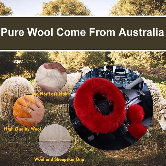 3 Pcs Car Steering Wheel Cover & Handbrake Cover & Gear Shift Cover Set Faux Wool Warm Winter (Wine Red)