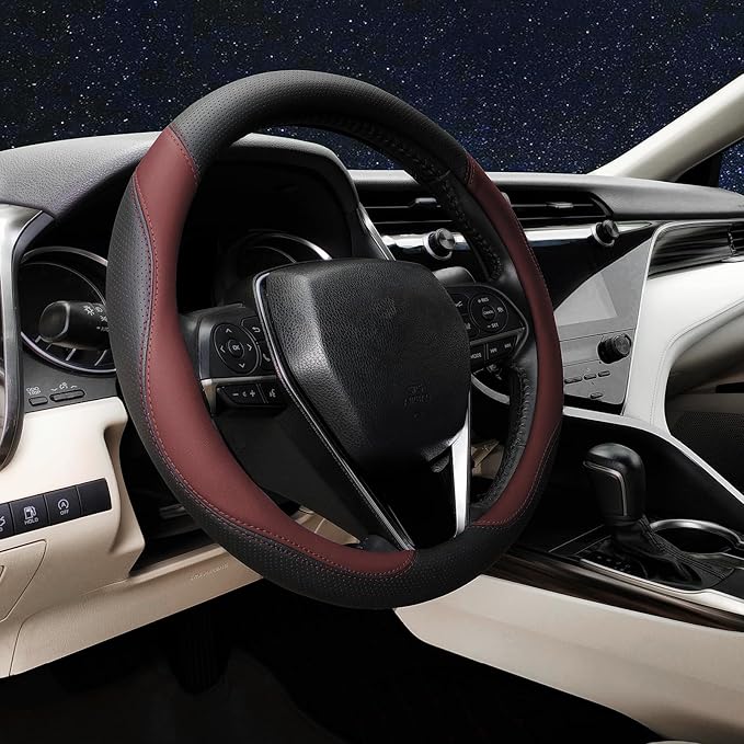 Mihecor Steering Wheel Cover Standard Size 14.5-15 inch, Breathable Microfiber Leather, Anti-Slip, Soft Grip, Fits Most Cars, SUVs, and Trucks, Black and Burgundy