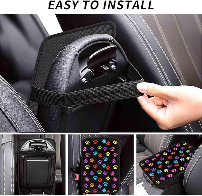 Dog Paw 2 Pcs Car Front Seat Armrest Covers Colorful Paws Cloth Arm Rest Protectors Padding Center Console Lid Black Arm Rest Cover Universal Accessories for SUV Truck Van