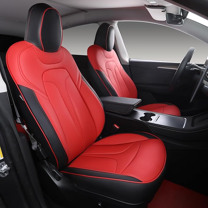 OURPLOT Custom Fit Seat Covers for 2020-2024 Tesla Model Y (5-Seater), Waterproof Nappa Leather, OEM Factory Style Full Set Car Seat Protectors Airbag Compatible - Red