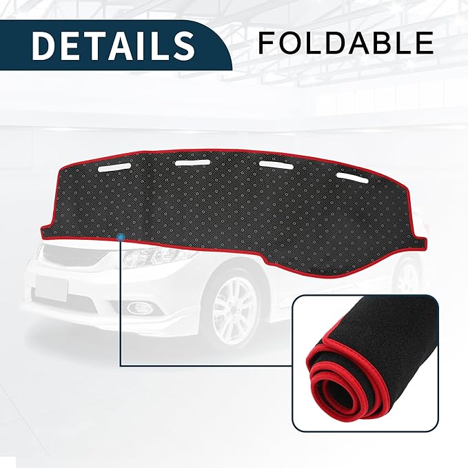 Dash Cover for Honda Civic Non-Slip | Center Console Dashboard Cover Mat Black Red 1 Pcs
