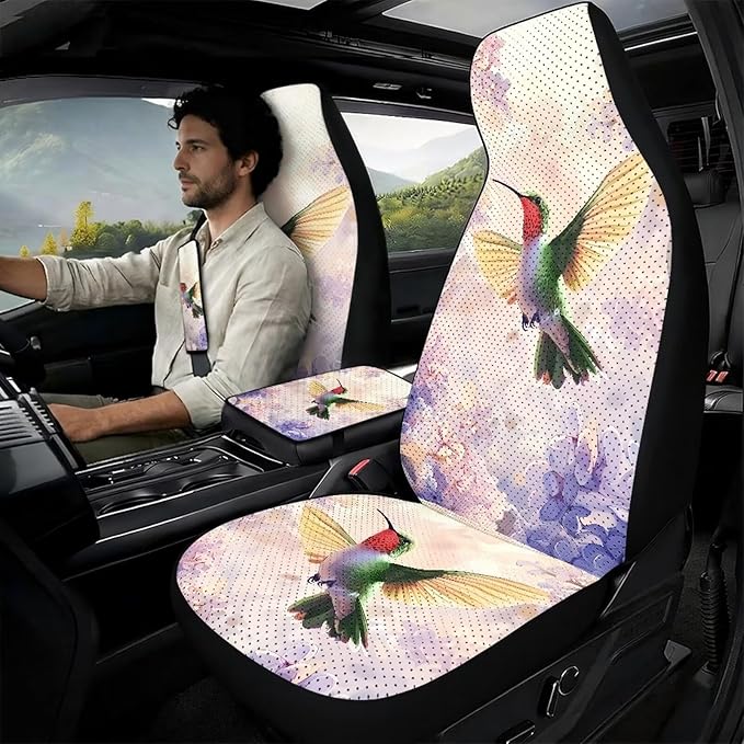 Qeluxign 5 Piece Car Seat Covers Full Set,Hummingbird Lavender Floral Front Seats Cover/Auto Seatbelt Shoulder Pads/Center Console Armrest Cover,Universal Car Accessories Men Women Gifts