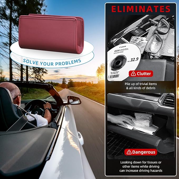 Car Trash Can, Universal Leather Cars Garbage Bin Organizer Holder with A Roll of Garbage Bag, Foldable Hanging Mini Automotive Storage Must Have Essentials Interior Accessories (Wine Red)